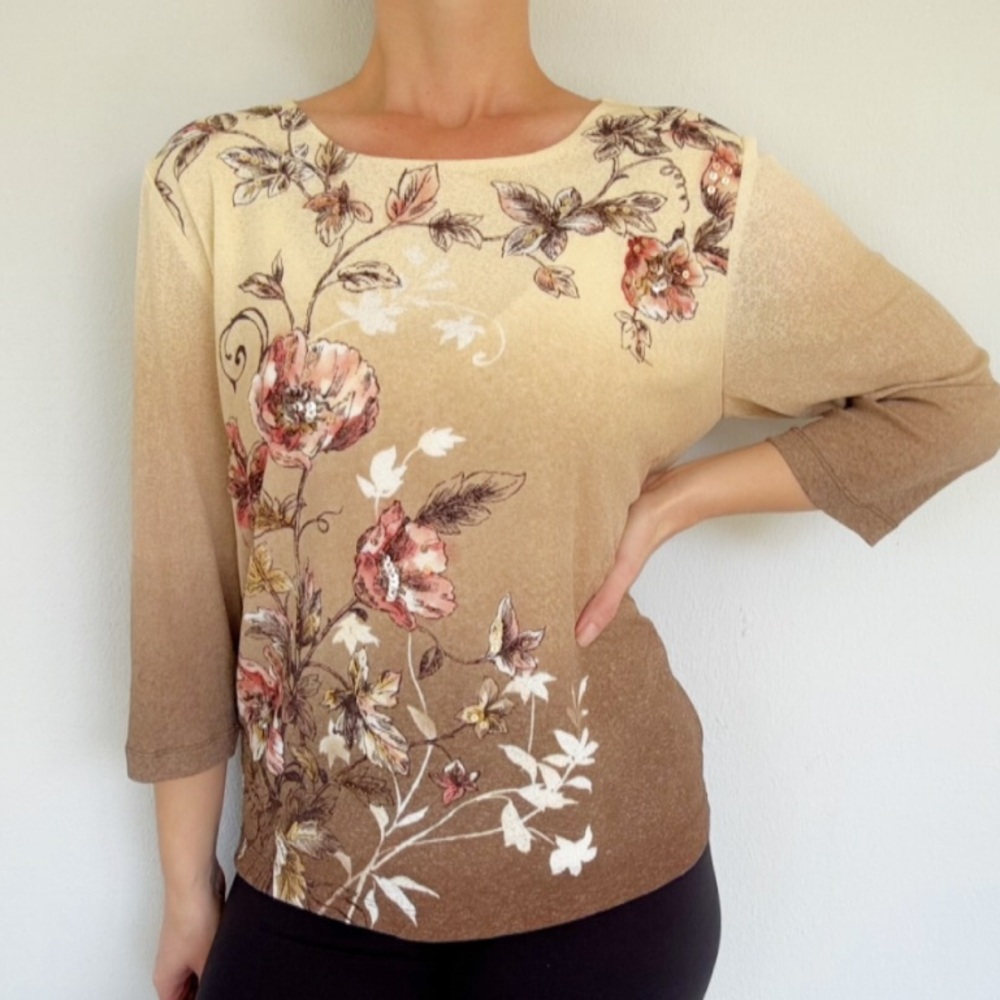 Alfred Dunner Petite tan ombré floral print 3/4 sleeve stretch blouse large